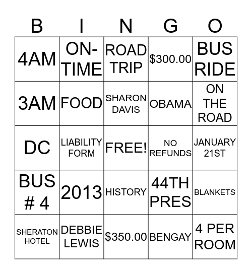 BUS # 4 Bingo Card