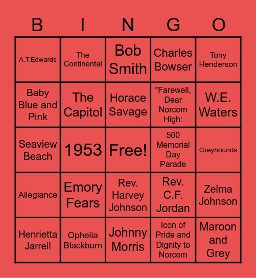 NORCOM'S 1962 CLASS BINGO Card