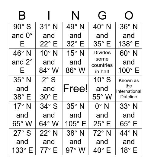 Geography Challenge Bingo Card