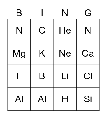 Periodic Table Bingo (First 20 elements) Bingo Card