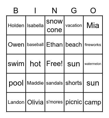 Family Fun Bingo Card