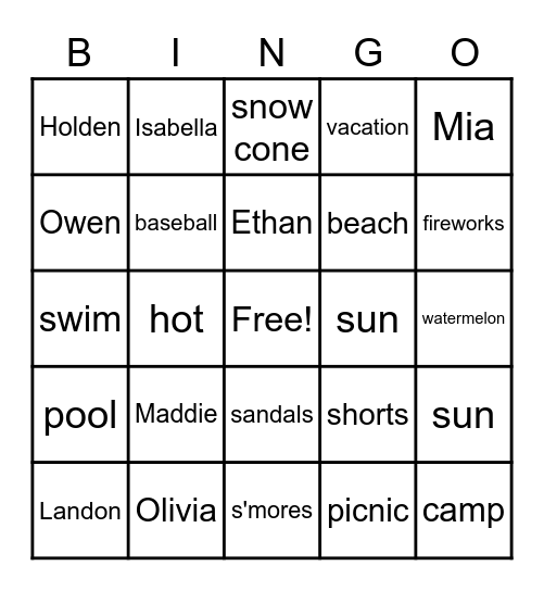 Family Fun Bingo Card