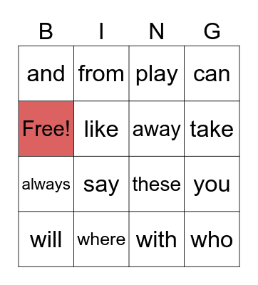 sight words Bingo Card