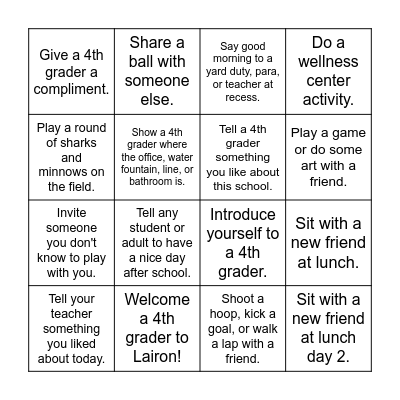 5th Grade Back to School Bingo Blackout Challenge Bingo Card