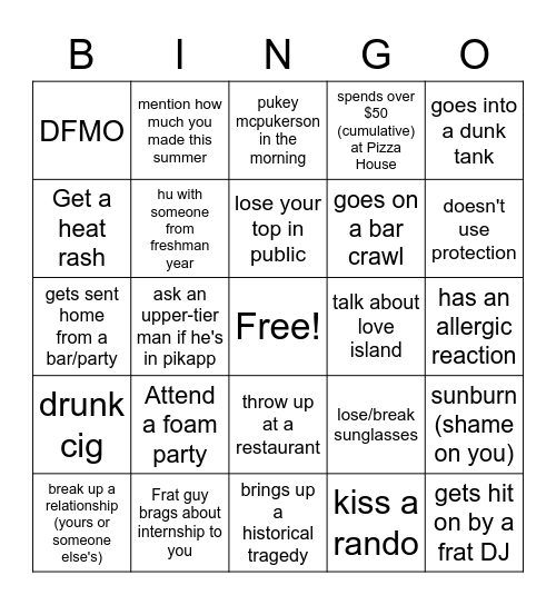 Welcome. Week. Bingo Card