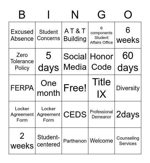 Student Orientation Bingo Card