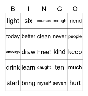 Connor Sight Words Bingo Card