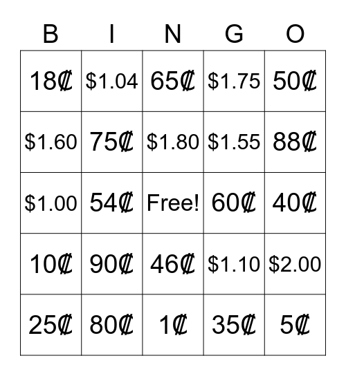 Counting Change Bingo Card