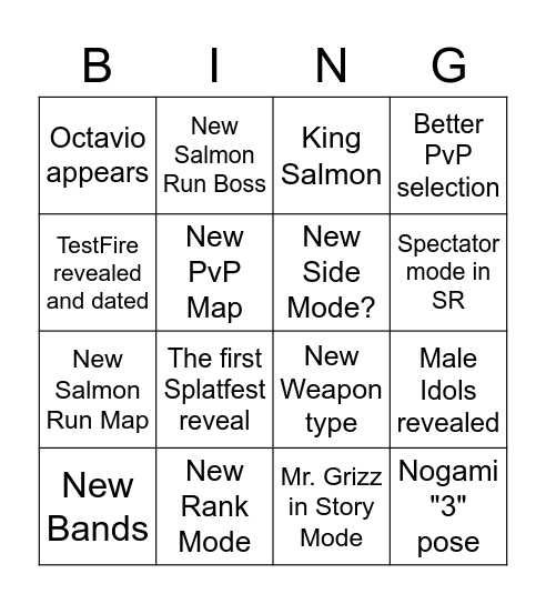 Splatoon 3 Direct Bingo Card