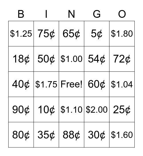 Counting Change Bingo Card