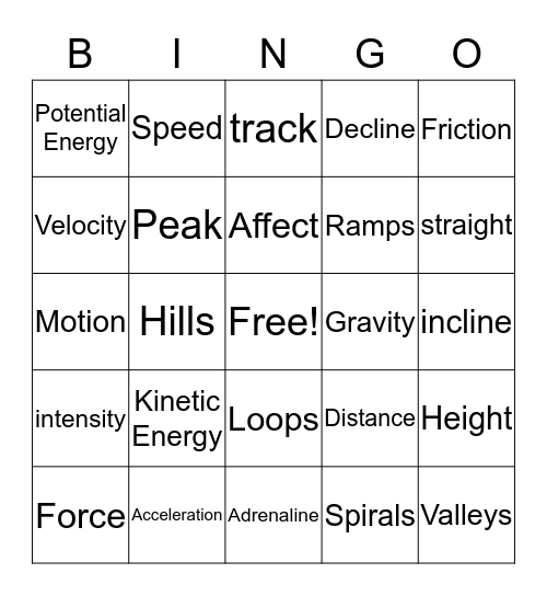 Roller coaster  Bingo Card