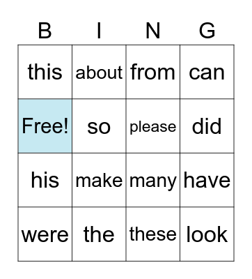 sight words Bingo Card
