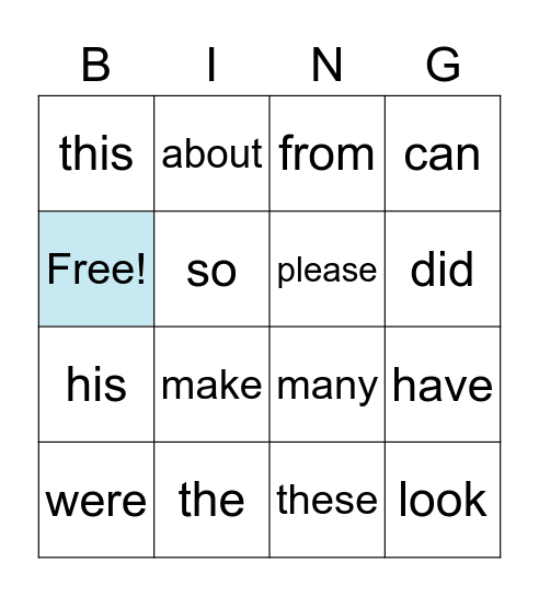 sight words Bingo Card