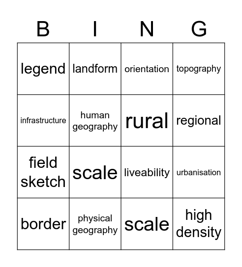 Liveability and Place Bingo. Bingo Card