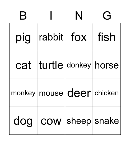 Auslan Animal Bingo Card