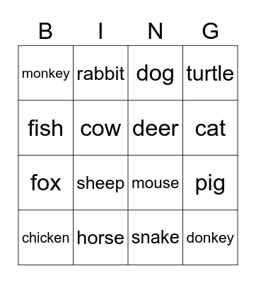 Auslan Animal Bingo Card