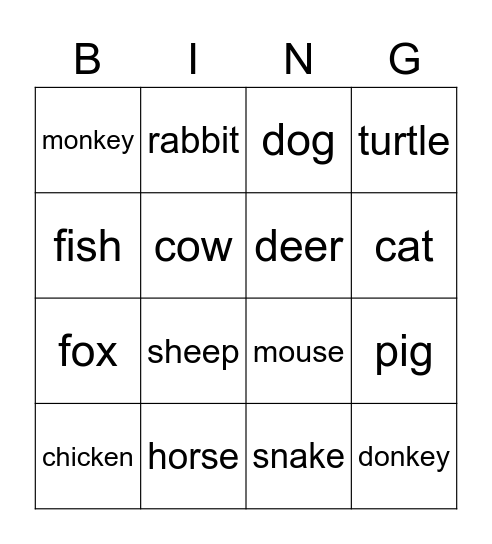 Auslan Animal Bingo Card