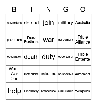 WWI Vocabulary Bingo Card