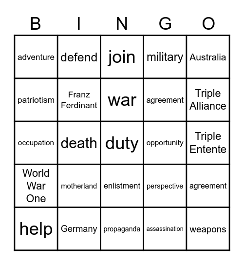 WWI Vocabulary Bingo Card