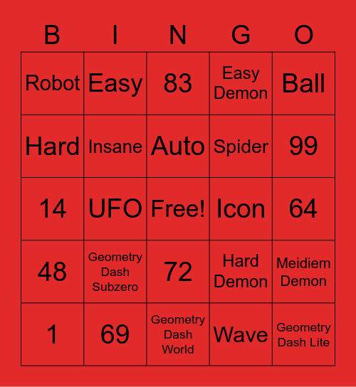 Geometry Dash Bingo Card