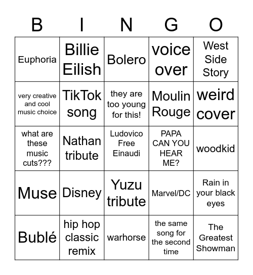 Music figure skating bingo Card