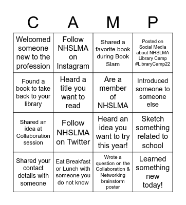 NHSLMA Library Camp 2022 Bingo Card
