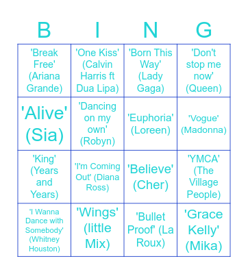 Pop Songs Bingo Card