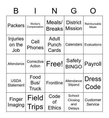 Food Service Handbook Bingo Card