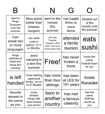 LES Getting to Know Everyone Bingo Card