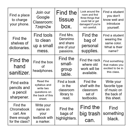 Classroom Expectations Bingo Card