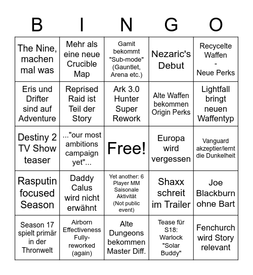 Bungo Reveal Stream: Lightfall + Season 18 Bingo Card