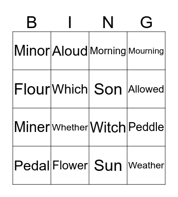 Homophone BINGO Card