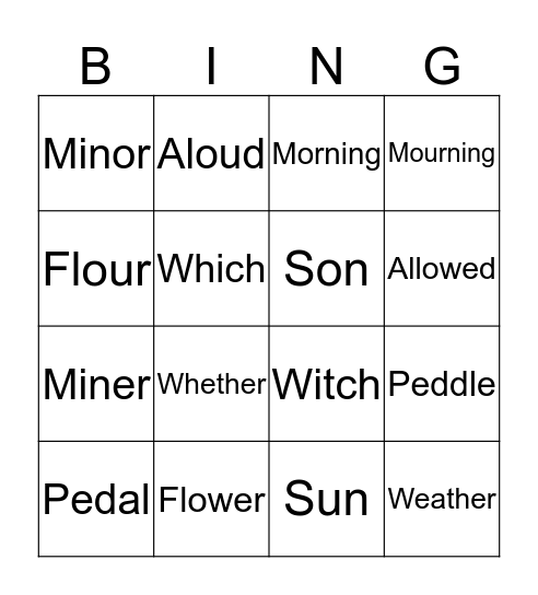 Homophone BINGO Card