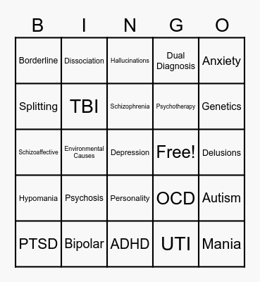 Mental Health Bingo Card