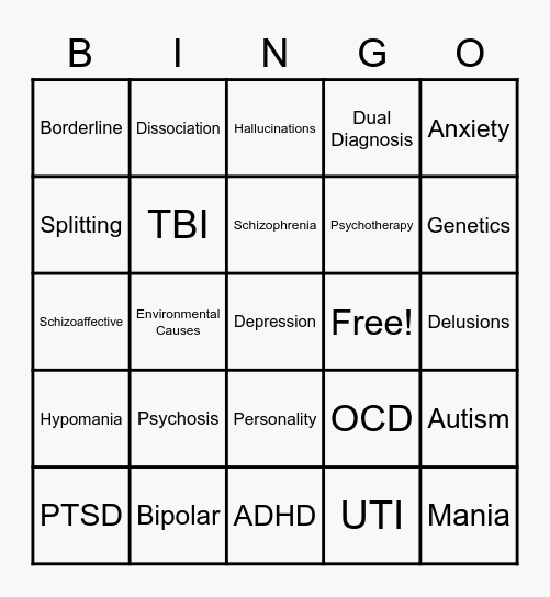 Mental Health Bingo Card