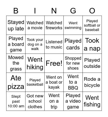 Summer Break Bingo Card