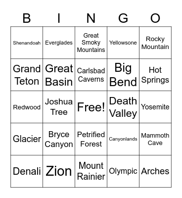 National Parks Bingo! Bingo Card