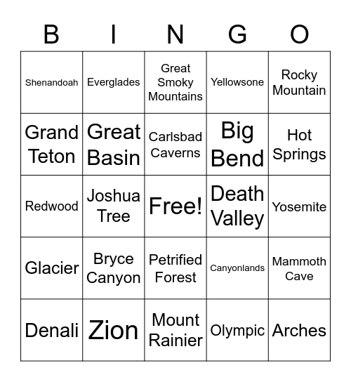 National Parks Bingo! Bingo Card