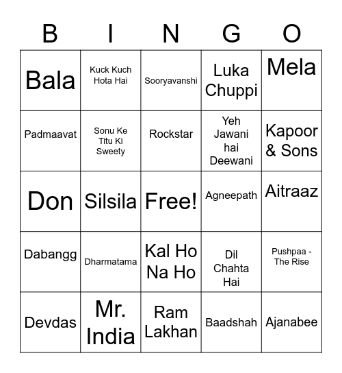 Bollywood Bingo Card