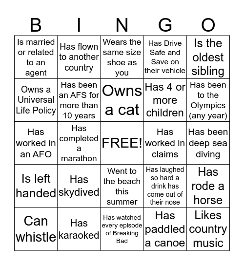 AFS Bingo Card