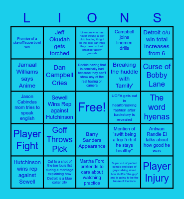 Lions Hard Knocks Bingo Card