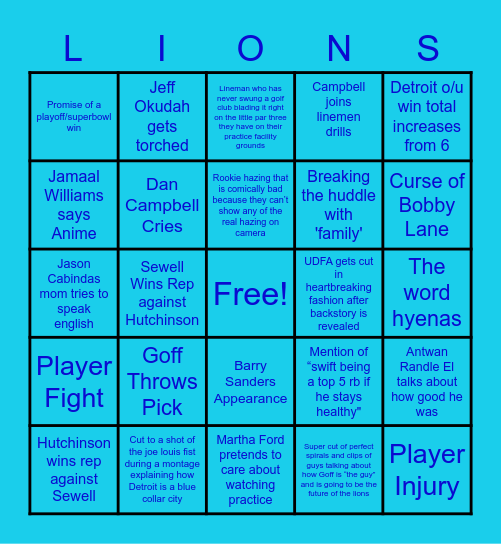 Lions Hard Knocks Bingo Card