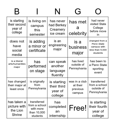 Change-of-Campus and Transfer Student Welcome Bingo Card