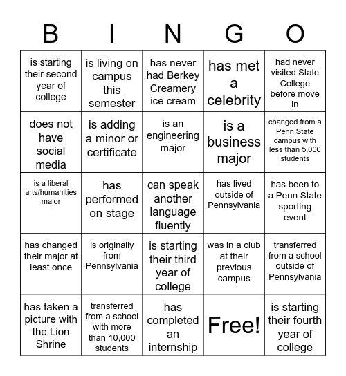 Change-of-Campus and Transfer Student Welcome Bingo Card