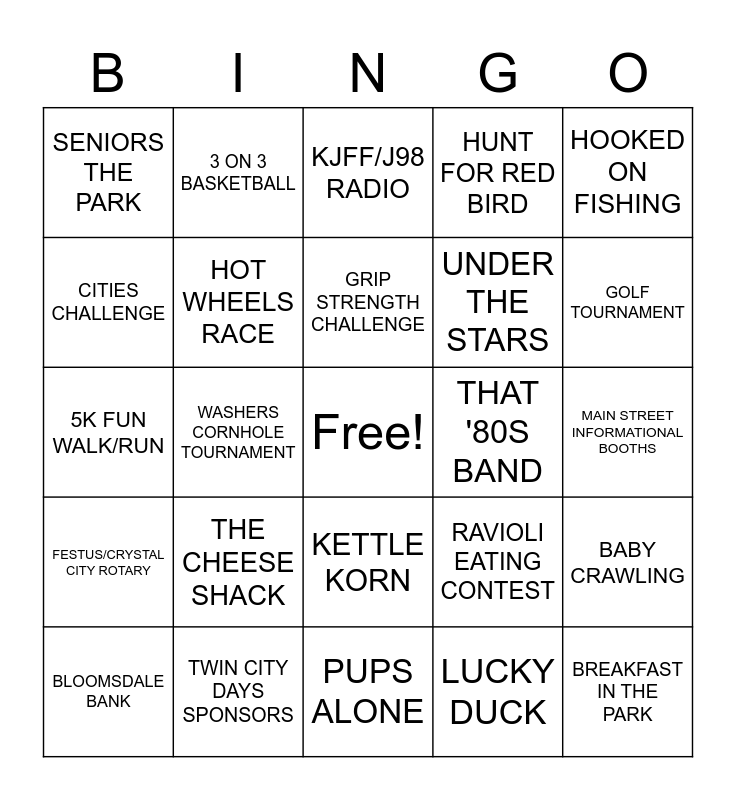 TWIN CITY DAYS BINGO Card