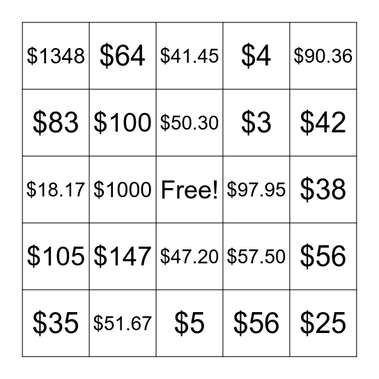 Money Review Bingo Card