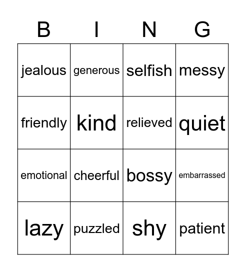 PERSONALITY Bingo Card