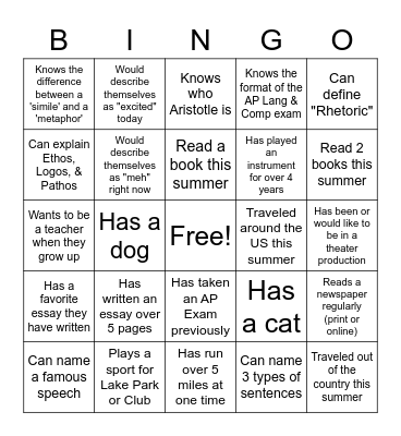 AP Lang Intro Bingo Card