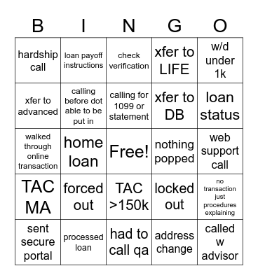 Calls Bingo Card