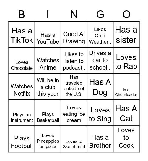 Get To Know You BINGO Card